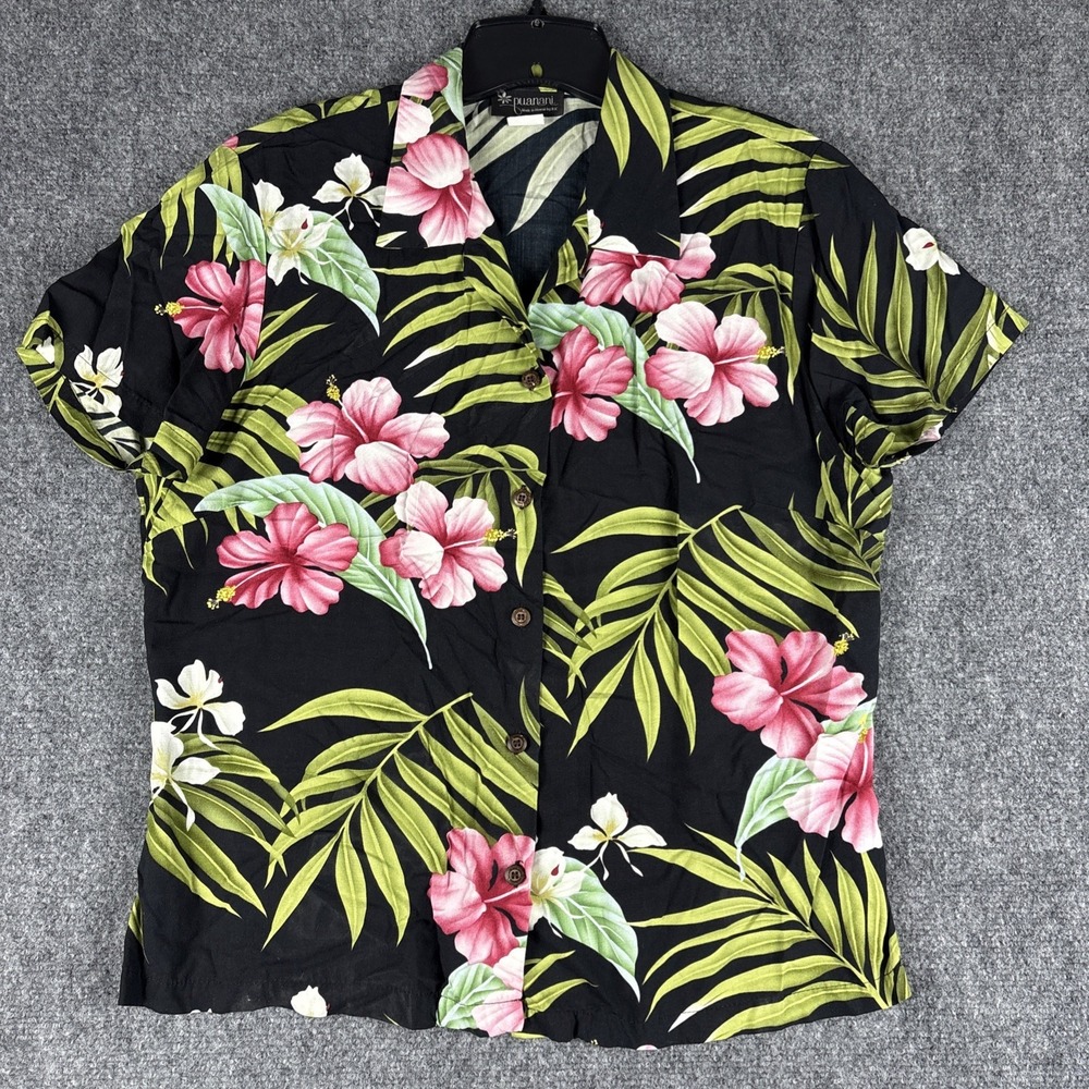 Puanani Women L Hawaiian Blouse Short Sleeve Pink Hibiscus Black Tropical Shirt